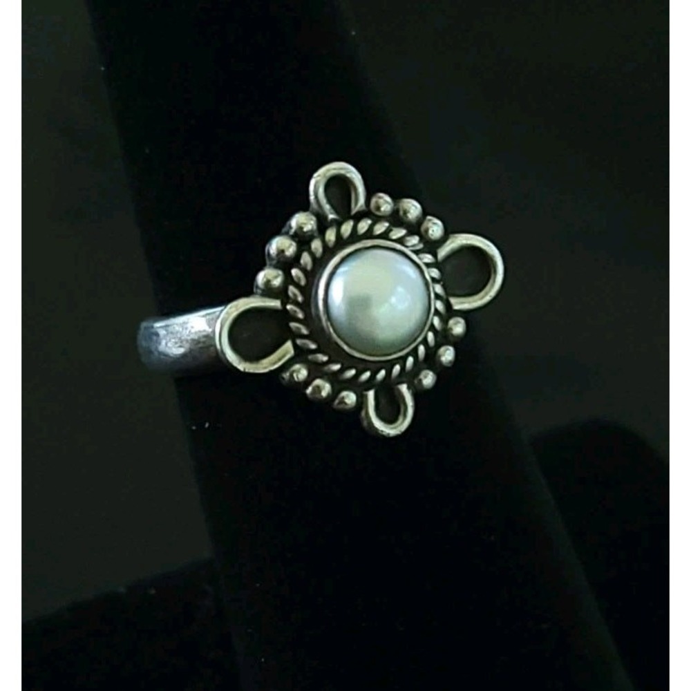 925 Sterling Silver Mother of Pearl Style Ring Size 6.5 4.55g Ornate Boho